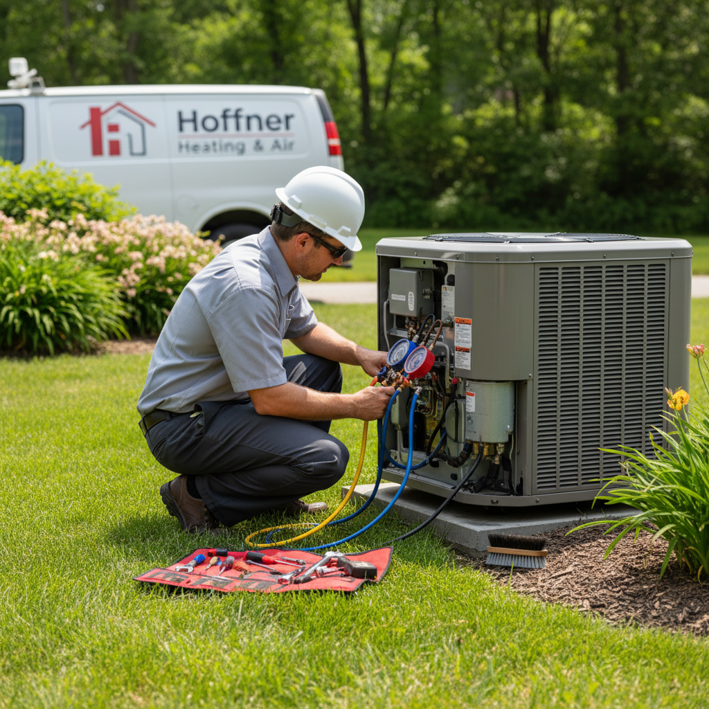 Hoffner Heating and Air technician servicing an outdoor AC unit in a residential backyard in Murrysville, PA.