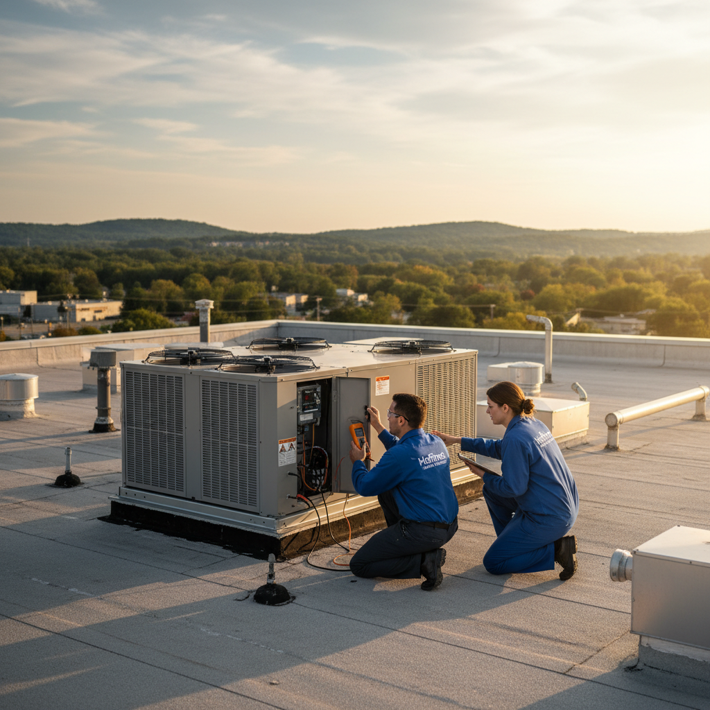 Hoffner Heating and Air technicians inspecting a commercial HVAC unit in Murrysville, Western Pennsylvania.
