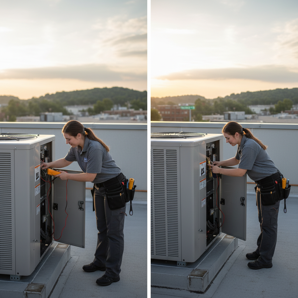 Hoffner Heating and Air technicians performing AC maintenance on a rooftop unit in Monroeville, PA.