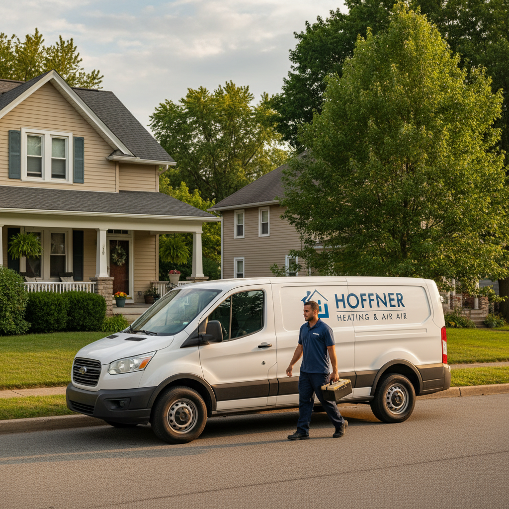 Hoffner Heating and Air van parked in front of a residential home in Pitcairn, Western Pennsylvania.