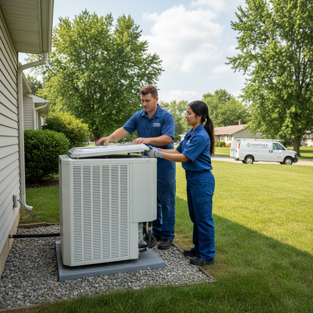 HVAC technician installing a new air conditioning unit in Monroeville, Western Pennsylvania.