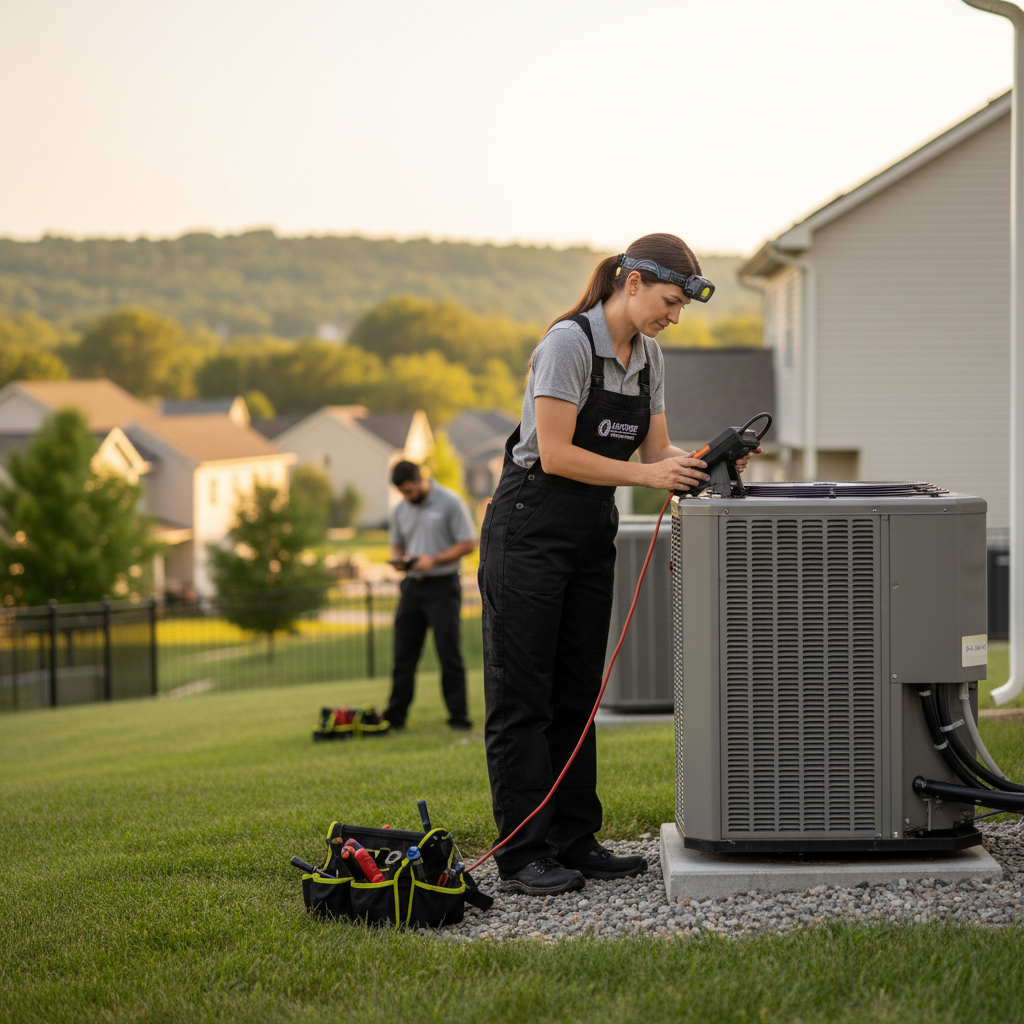 Skilled Hoffner Heating and Air technician servicing an outdoor AC unit in Western Pennsylvania.