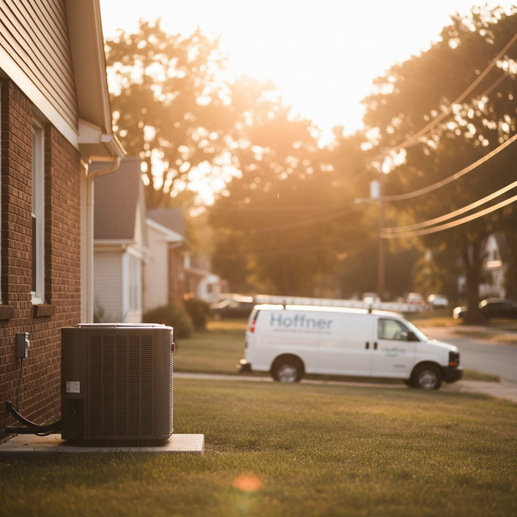 Subtle outdoor heating system replacement unit in a residential Pitcairn, PA neighborhood with soft lighting.
